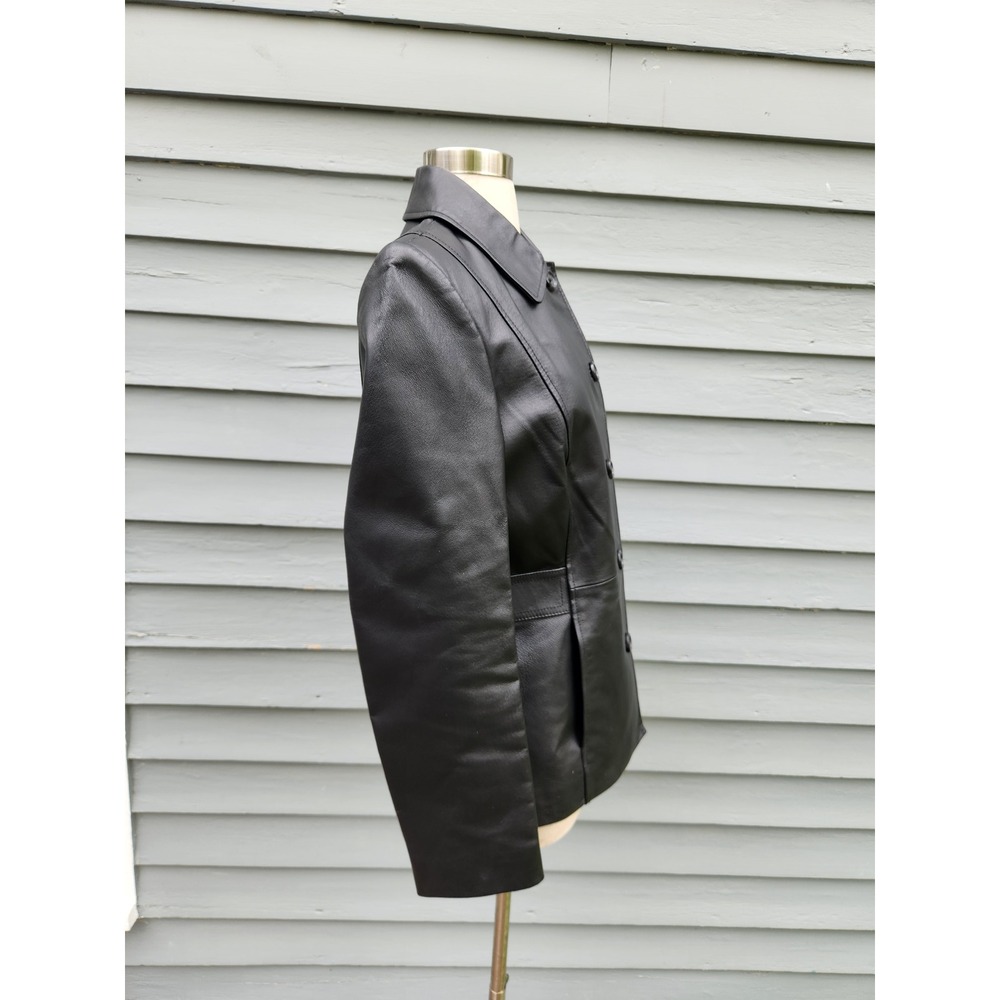 Vintage 90s y2k Leather Jacket Black Button Front Car Coat Burgundy Lining Small - Picture 4 of 7